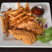 Kids Chicken Strips · Two breaded chicken strips. served with french fries or fruit.