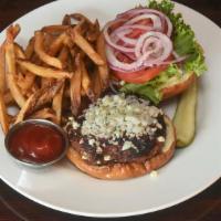 Black And Bleu · Blue cheese crumbles, creole spices, tomato, lettuce, onion and roasted garlic mayo on a pre...