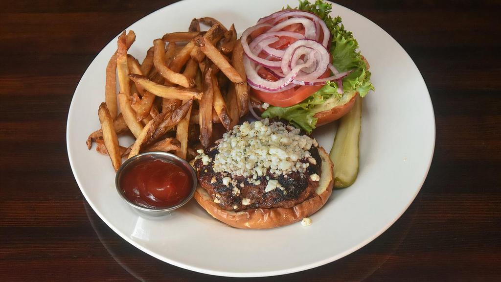 Black And Bleu · Blue cheese crumbles, creole spices, tomato, lettuce, onion and roasted garlic mayo on a pretzel bun.