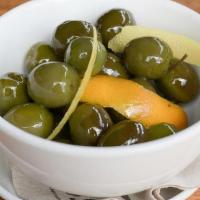Marinated Olives · Citrus, Calabrian Peppers, Coriander, Olive Oil