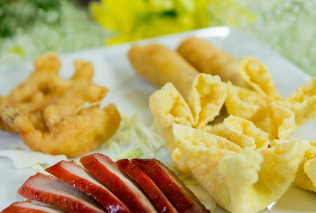 Appetizer Plate · Served with bbq pork, spring roll, crab puffs and fried shrimp.