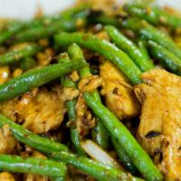 Green Bean Chicken · Sliced chicken sauteed with fresh green beans, carrots, and onions in a black bean sauce.