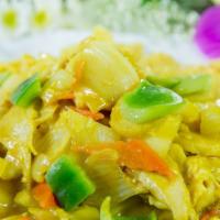 Curry Chicken · Spicy. Chicken stir-fried in a curry sauce with bell peppers, onions, water chestnuts, and c...