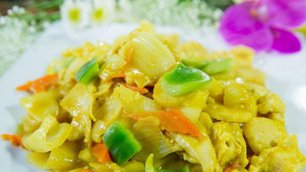 Curry Chicken · Spicy. Chicken stir-fried in a curry sauce with bell peppers, onions, water chestnuts, and carrots. ** Making this less spicy means less curry seasoning