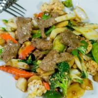 Beef Chow Yuk · Beef sauteed with peapods, bell peppers, mushrooms, onions, cauliflower, celery, bok choy, w...