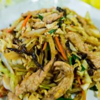 Mu Shu Pork · Sliced pork, scrambled egg, cabbage, onions, carrots, and stir-fried in a house sauce. Optio...