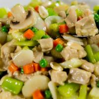 Chicken Subgum Chop Suey · Chicken, celery, mushrooms, onions, peas, carrots, water chestnuts, and almonds in a light s...