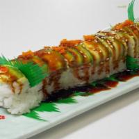 Caterpillar Roll (8 Pcs.) · Inside: eel, cucumber, and crab salad Outside: avocado and eel sauce.