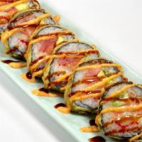 [New] Phoenix Roll · 6pcs deep fried roll with salmon, tuna, yellowtail, masago, avocado, house sauce, green onions