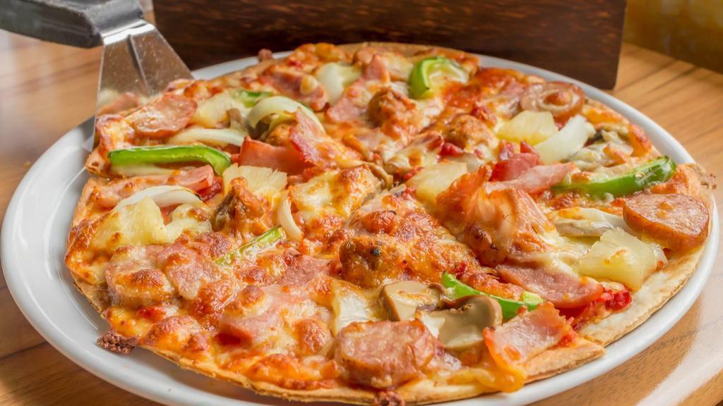 Jersey Girl Pizza · Mouthwatering cheese pizza topped with Italian sausage, onions and green peppers.