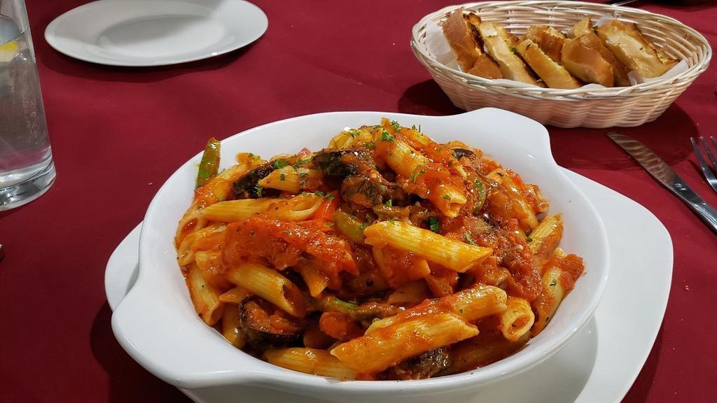 Penne Alla Peperonata (Lunch) · Mixed peppers, onions, and sausage over penne pasta in a savory marinara.