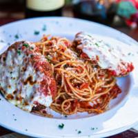 Lunch Chicken Parmesan · Tender chicken breast, lightly breaded and fried. Then topped with homemade marinara sauce a...