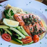 Salmon Picatta · Gluten-free. Grilled wild Alaskan salmon topped with our homemade lemon butter sauce. Includ...
