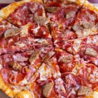 Meat Lovers' Pizza (Gf) · Loaded with spicy arrabiatta sausage, genoa salami, pepperoni, prosciutto, lots of mozzarell...