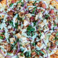 Chicken Bacon Ranch Pizza · Ranch dressing, our five-cheese blend, red onions, and real bacon pieces. Topped with grille...