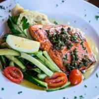 Salmon Picatta (Gf) · Grilled wild Alaskan salmon topped with our homemade lemon butter sauce. Includes sautéed ve...