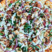 Chicken Bacon Ranch Pizza (Gf) · Ranch dressing, our five-cheese blend, red onions, and real bacon pieces. Topped with grille...