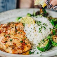 Simply Grilled Salmon · Light beer glaze, fresh herb butter, jasmine rice, choice of side