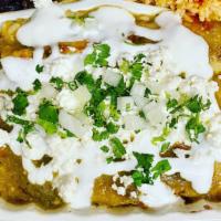  Enchiladas Green Salsa (3) · Melted cheese, choice of meat or vegetarian. Topped with green salsa, sour cream, cilantro a...