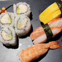 Kids Sushi · Four pieces of California roll, one piece crab, shrimp, sweet egg sushi.