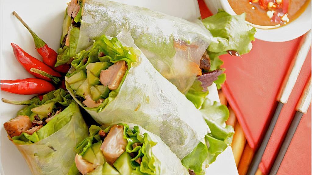 Grilled Chicken Rolls · rice paper rolls with grilled chicken, sprouts, rice noodles, lettuce & peanut sauce. (4pc)