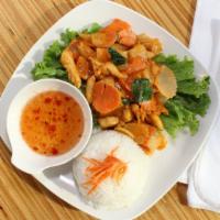 Panang Curry Chicken · Spicy. Chicken, carrots, onions, basil leaves, red bell pepper, cooked in creamy panang.