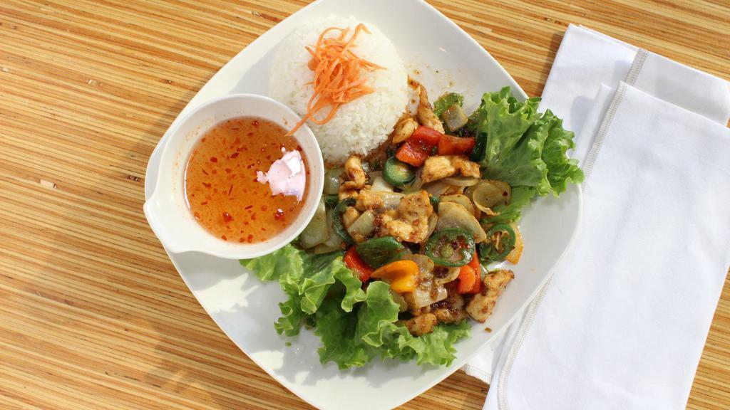 Spicy Lemongrass Chicken · Gluten free. Specialty. Spicy. Chicken breast marinated with spicy lemongrass sauce, stir-fried with onions, red bell peppers and jalapeños.