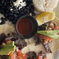 Beef Taco Plate · Three Tacos, Corn Tortillas, Jasmine Rice, Black Beans, Queso Fresco, Pico de Gallo.