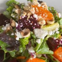 Roasted Pickled Beet Salad · House Mix greens, Pickled Beets, Fresh Orange Wedges, Feta Cheese, Hazelnuts and tossed with...