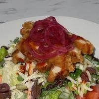Fried Chicken Salad · House Mix Greens, Tossed with Honey Mustard Dressing, Tomatoes, Kalamata Olives, Monterrey J...
