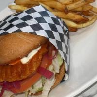 Fried Chicken Sandwich · Toasted Burger Bun, Mayo, Lettuce, Tomato, Pickles, Fried Chicken, Sweet and Spicy Sauce, Pi...