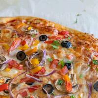 Veggie Pizza Mushrooms Olives Peppers And Onions:Sorry No Substitutions On This Item · VEGGIE  Pizza with Mushrooms Olives Peppers and Onions: Sorry No Substitutions on this item
