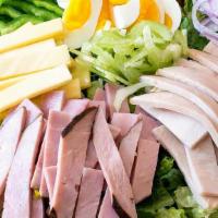 Chef Salad · Romaine Lettuce, Ham, Provolone, Banana Peppers, Tomatoes, Onion, Hard-Boiled Egg.