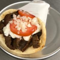 Gyro (Beef & Lamb) (Sandwich) · Pita bread, gyro meat, tomatoes, onions, red or white sauce.