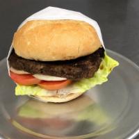 Dasks Burger · Toasted hamburger bun topped with a char-broiled beef patty, lettuce, tomatoes, onions and f...