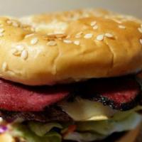 Pastrami Burger · Char-broiled beef patty topped with pastrami, lettuce, tomato, onions and fry sauce on a toa...