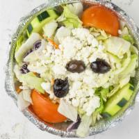 Greek Salad · Iceberg salad mix, tomatoes, cucumbers, feta cheese, Greek olives, house dressing.