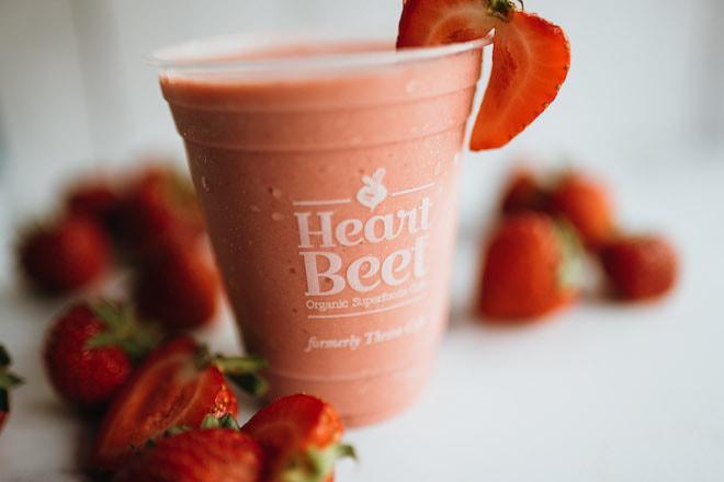 Strawberry-Banana Creamsicle · Housemade almond milk blended with strawberries, banana, coconut butter, vanilla extract, and agave.