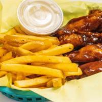 Wings With Fries (6) · Served hot, medium, parmesan garlic, BBQ, lemon pepper, or plain with your choice of ranch a...