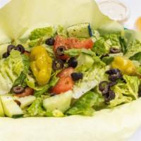 Antipasto Salad · Lettuce, tomatoes, cucumbers, pepperoncinis, black olives, ham, salami, pepperoni and mozzar...