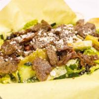 Gyro Salad · Gyro meat with pita bread. Served with feta cheese, lettuce, tomato, onions, cucumber, green...