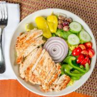 Grilled Chicken Salad · Grilled chicken, lettuce, tomatoes, cucumbers, pepperoncinis, and black olives. Served with ...