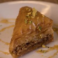 Baklava · Phyllo pastry, pistachios, walnuts, honey syrup.