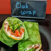 Club Wrap · Ham, Turkey, Bacon,  provolone, cheddar, lettuce, tomato, and a honey mustard sauce wrapped ...