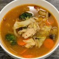 Tom Yum · Gluten-free, contain: shrimp. 
Mushroom, onion, grape tomato, cilantro. Thai herb(lemongrass...