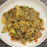 Crab Fried Rice · Contain: fish, gluten, wheat, soy. Rice, crab meat, egg, green onion, pea & carrot, curry po...