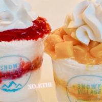 Mango & Strawberry Mini * · milk shaved ice, topped with fresh mango, strawberry, fruit puree, milk syrup, house-made wh...