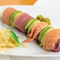 Rainbow Roll · Crab stick, avocado, cucumber / salmon, tuna, shrimp, avocado.