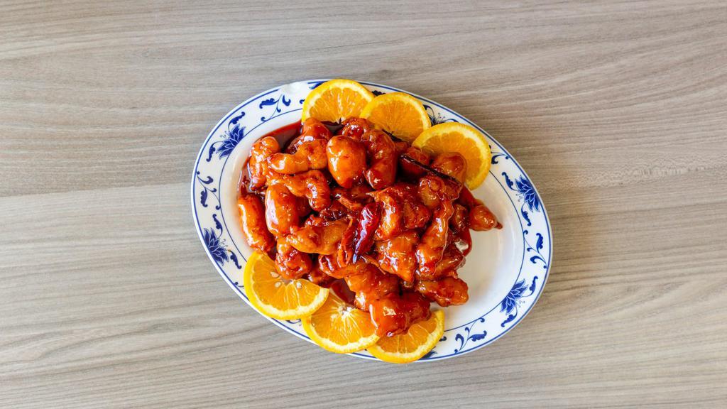Orange Chicken · Tender sliced chicken dipped in batter, deep fried to crispiness, and sauteed in our special tangy orange flavored sauce.