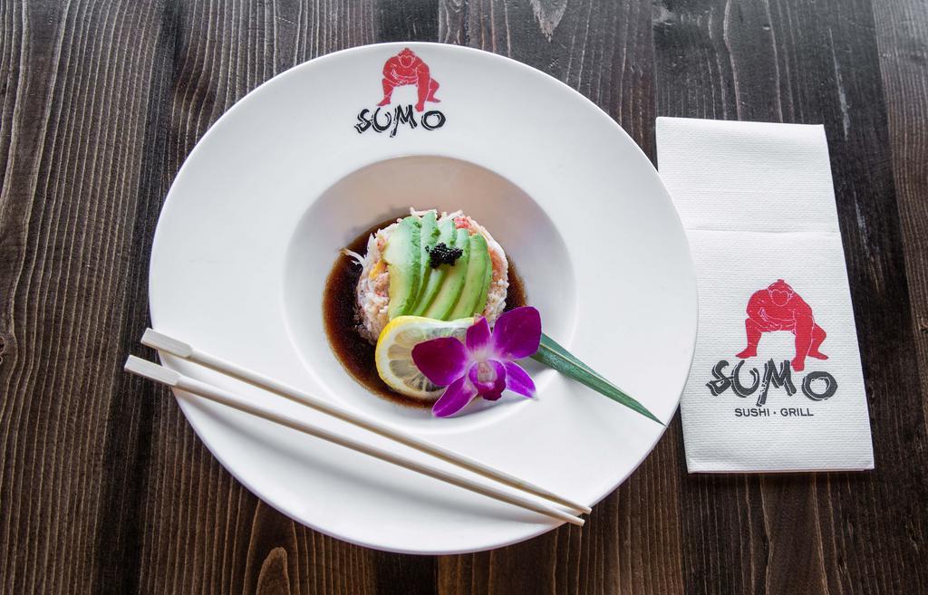 Snow Crab Tartar(Cooked) · Snow crab, chopped mango, Japanese mayo, topped with sliced avocado, tobiko and yuzu sauce